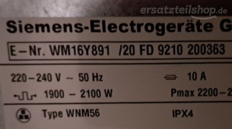 Typenschild Siemens WM16Y891/20