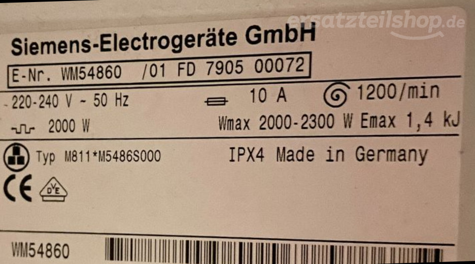 Typenschild Siemens Siwamat XL 548 WM54860/01