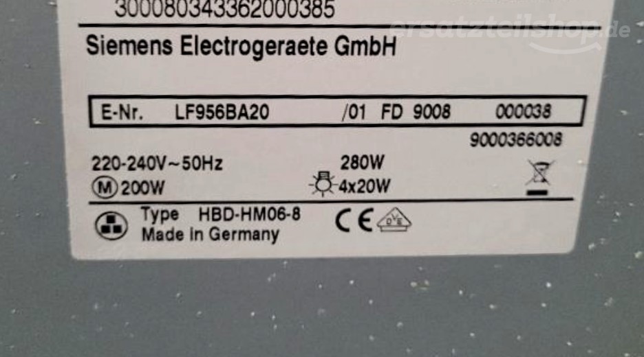 Typenschild Siemens LF956BA20/01