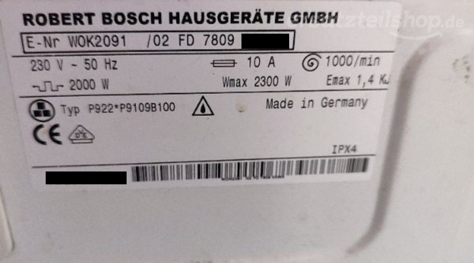 Typenschild Bosch Exclusiv T 1001 A WOK2091/02