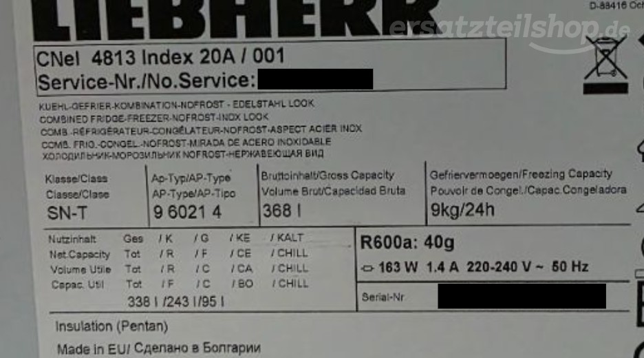 Typenschild Liebherr CNEL481320A CNel 4813-20 A