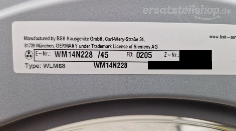 Typenschild Siemens WM14N228/45