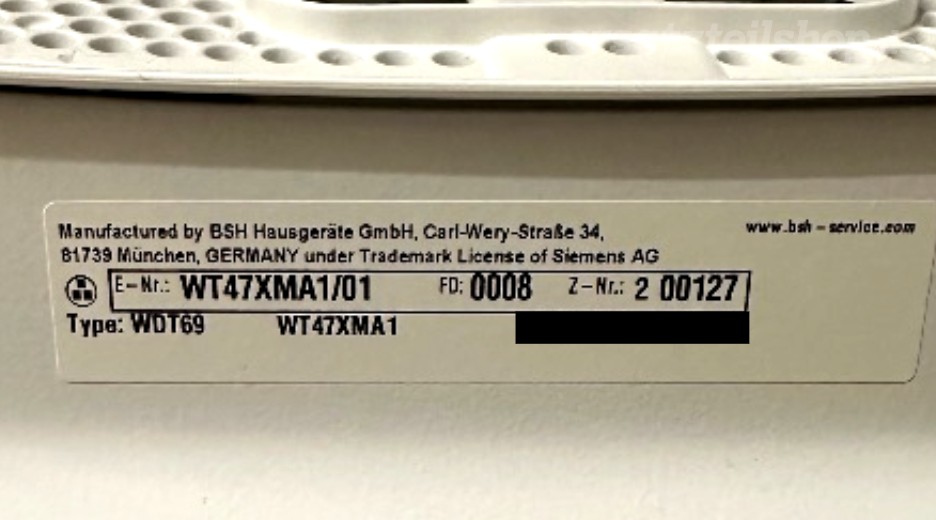Typenschild Siemens WT47XMA1/01