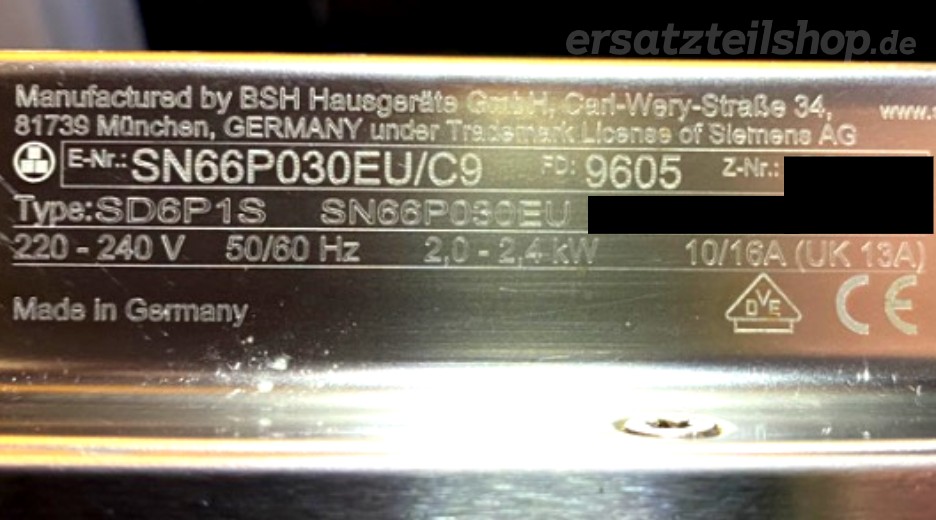 Typenschild Siemens SN66P030EU/C9