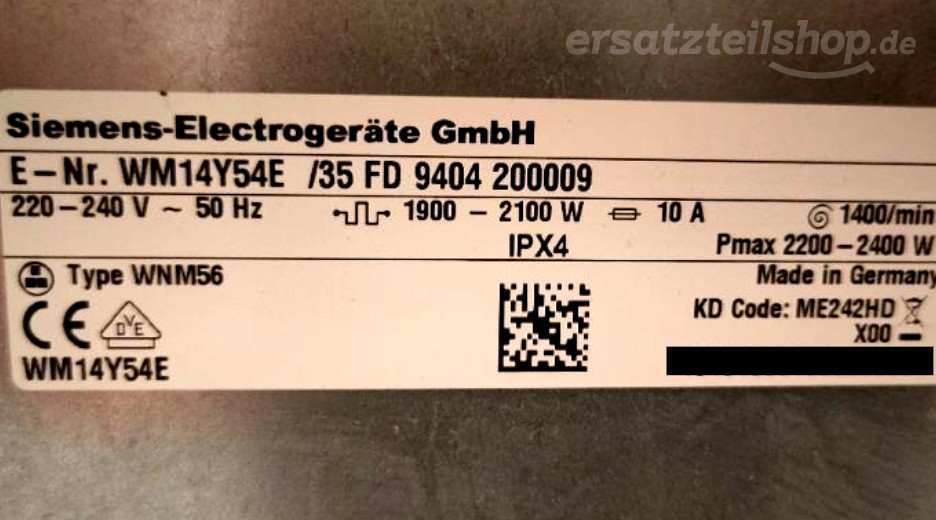 Typenschild Siemens WM14Y54E/35