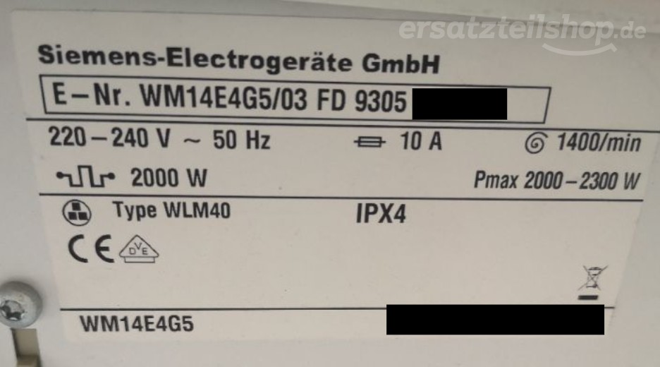 Typenschild Siemens WM14E4G5/03