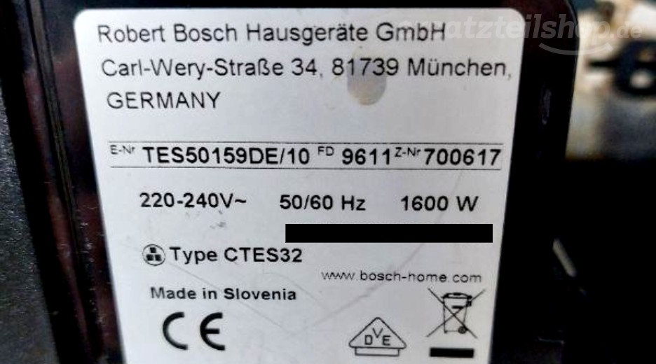 Typenschild Bosch TES50159DE/10