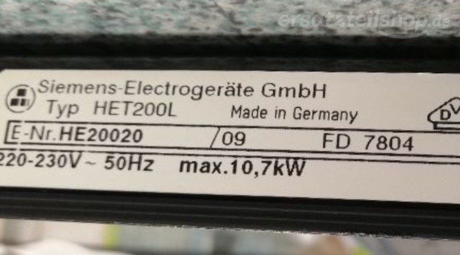 Typenschild Siemens  HE20020/09