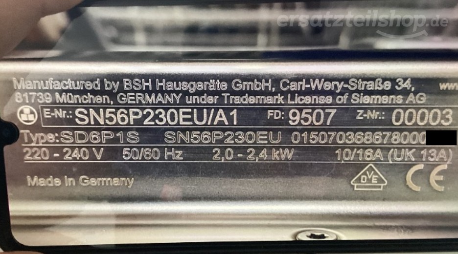 Typenschild Siemens SN56P230EU/A1