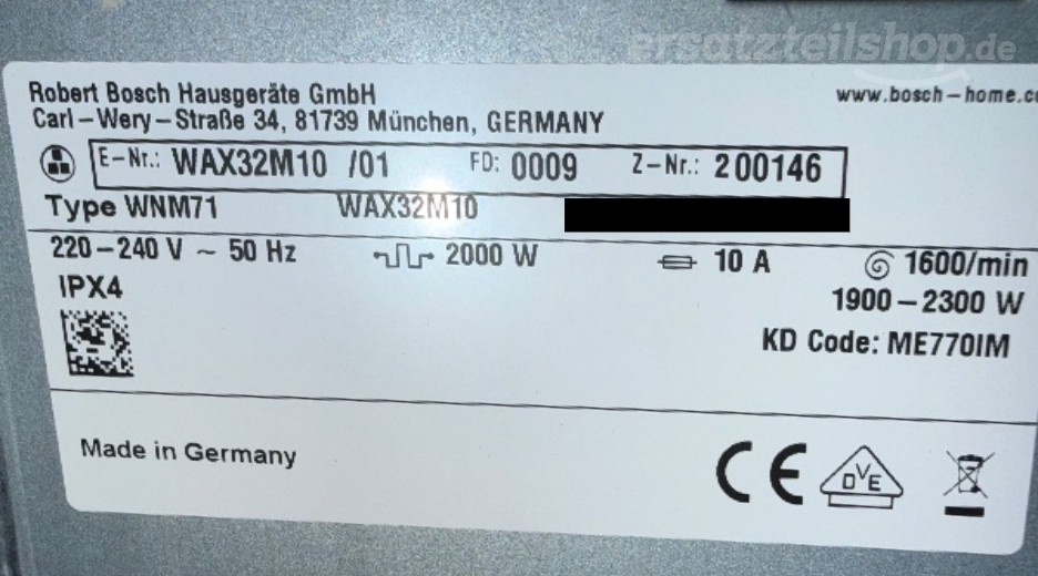 Typenschild Bosch WAX32M10/01