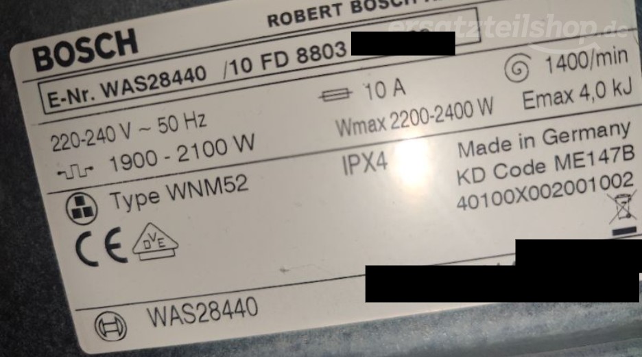Typenschild Bosch Logixx 7 Sensitive WAS28440/10