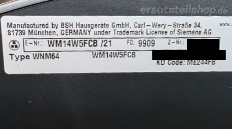 Typenschild Siemens WM14W5FCB/21