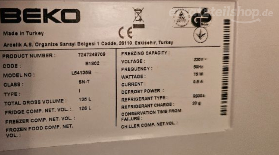 Typenschild Beko B 1802 7247248709