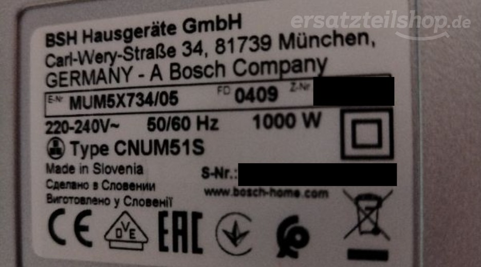 Typenschild Bosch MUM5X734/05