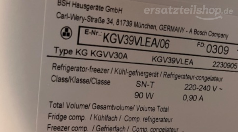 Typenschild Bosch KGV39VLEA/06