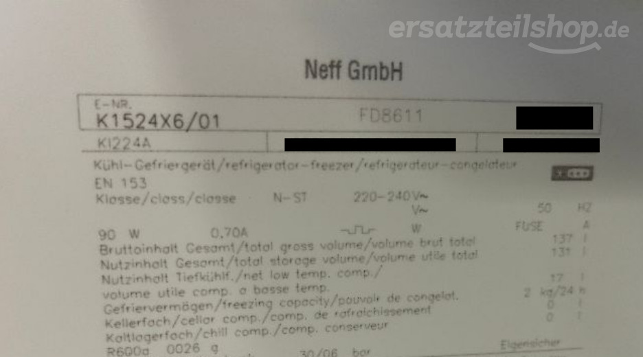 Typenschild Neff K1524X6/01