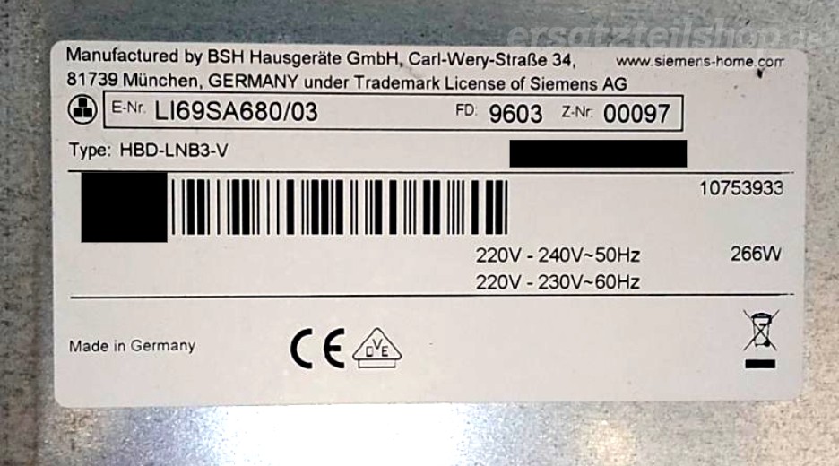 Typenschild Siemens LI69SA680/03